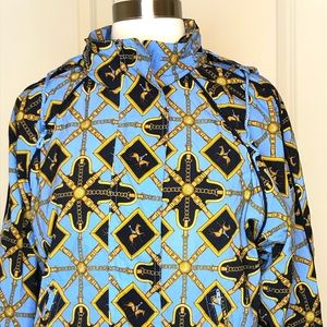 Vintage 1990 Liz Claiborne Jacket Small Horses Blue Hood Gold Petite Equestrian